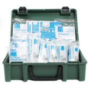 Green first aid kit box with clear zip bags of bandages, gloves, wipes, and dressings | PicSEO 1789750176344
