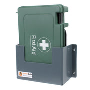 Green first aid box in a gray wall mount with white cross and AmberQuip label | PicSEO 1789750184761