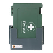 Green first aid kit in a gray wall-mounted holder with white cross symbol and AmberQuip label | PicSEO 1789750222773