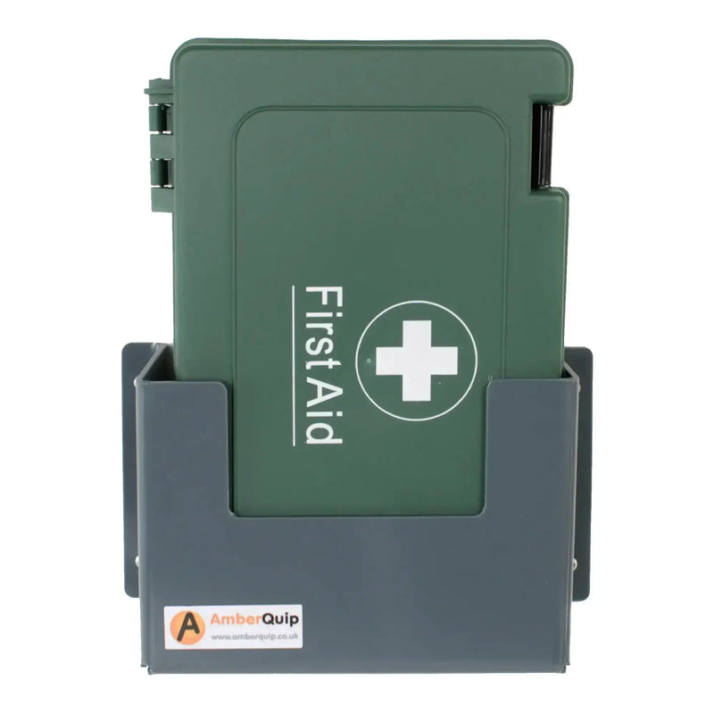 Green first aid kit in a gray wall-mounted holder with white cross symbol and AmberQuip label | PicSEO 1789750222773