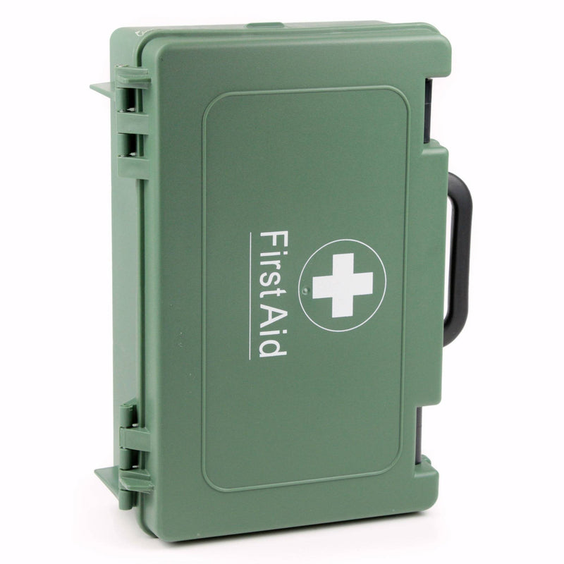 Green first aid case with white cross symbol, black side handle, and latch details | PicSEO 1789750162588